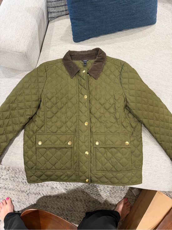 J. Crew Jackets & Blazers - J. Crew Olive Green Quilted Barn Puffer with Brown Corduroy Collar